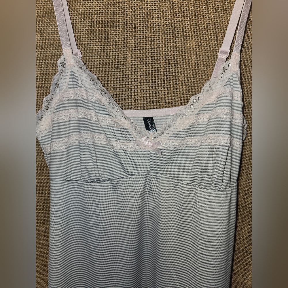 Vintage Y2k Laura Ashley Gray Pink White Striped Nightgown Ruffle Bow Lace Sz M - Picture 4 of 9